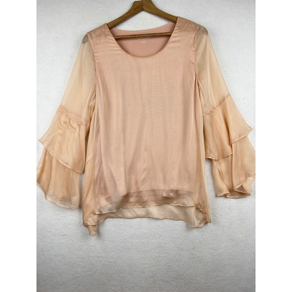 Soft Surroundings Blouse Womens Medium Silk Tiered Ruffle Sleeve